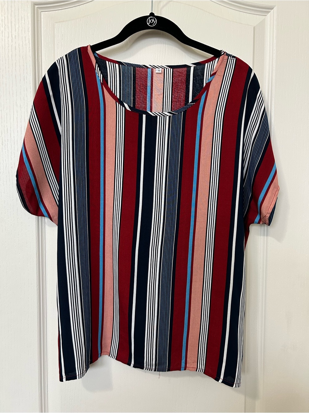 Striped Short-Sleeve Blouse - Navy, Burgundy & Pink